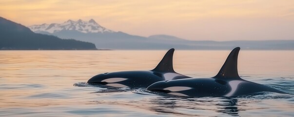 Fototapeta premium A pod of orcas surfacing in a calm bay at dawn, the first light of day reflecting off their wet skin, photorealistic