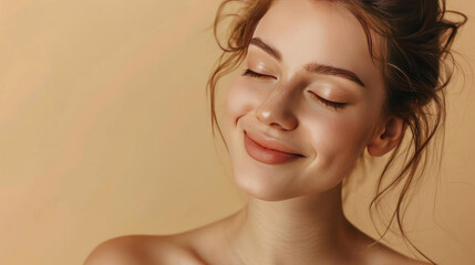 Naklejka premium Happy woman with bare shoulders, enjoying beauty treatment, looking at copy space, beige background