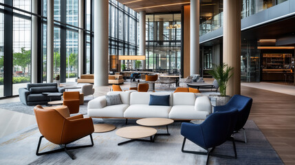 Fototapeta premium Modern office lobby with stylish furniture, including sofas, armchairs, and coffee tables, large windows, and natural lighting, creating an inviting and contemporary atmosphere.