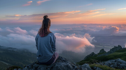 Fototapeta premium Rear view of a young woman sitting on a mountain top, peacefully gazing at low-lying morning clouds and pastel sunrise colors