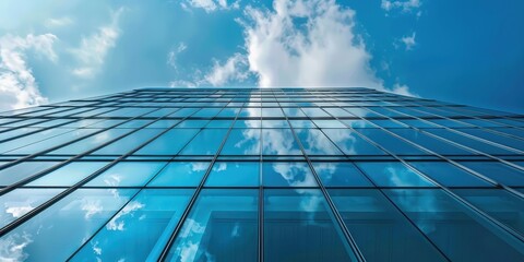 A tall building with a blue sky and clouds in the background