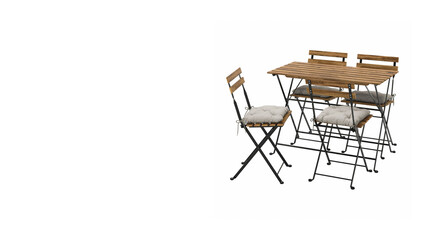 Closeup of outdoor table with four chairs, isolated on white copy-space background.