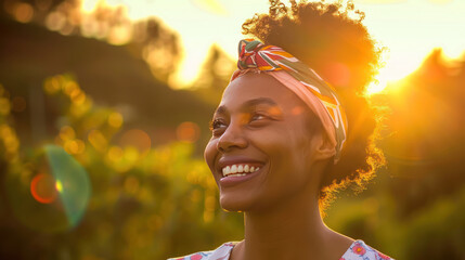 Happy black woman with a colorful hair band, looking away and smiling brightly in a park during sunset