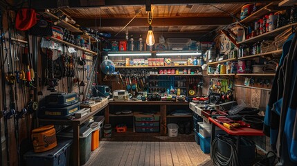 Fototapeta premium A store room with neatly organized fishing tackle and bait.