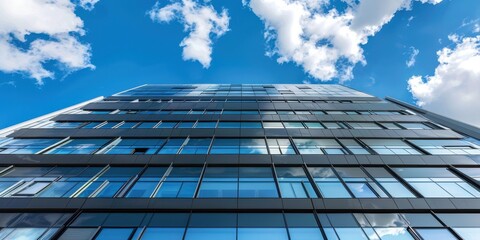A tall building with many windows and a cloudy sky in the background