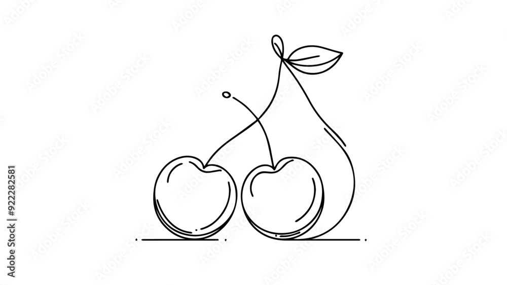 Wall mural A pair of cherries connected by a stem line art drawing vector