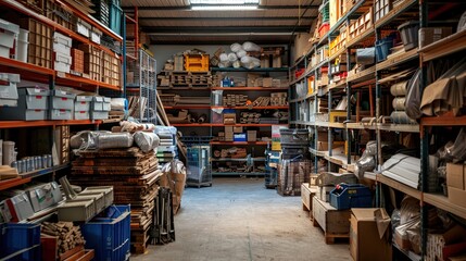 Obraz premium A store room with neatly stacked piles of building materials and tools.
