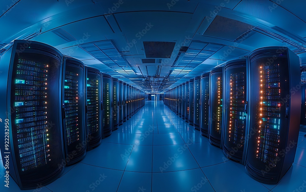 Poster panoramic view of an expansive data center with rows of servers and blinking lights