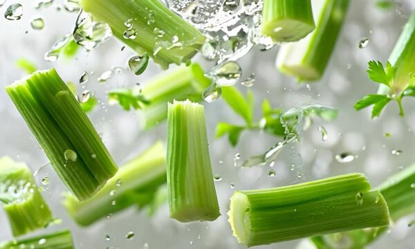 Freshly cut celery flying through the air in a vibrant kitchen setting