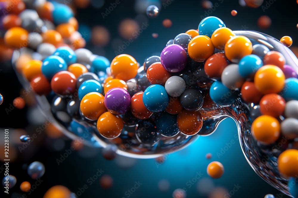 Poster Close-up of colorful molecular structure representing DNA or nanotechnology. Vibrant spheres connected in a complex pattern on a dark background.