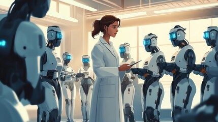 A woman in white coat standing next to a group of robots, AI