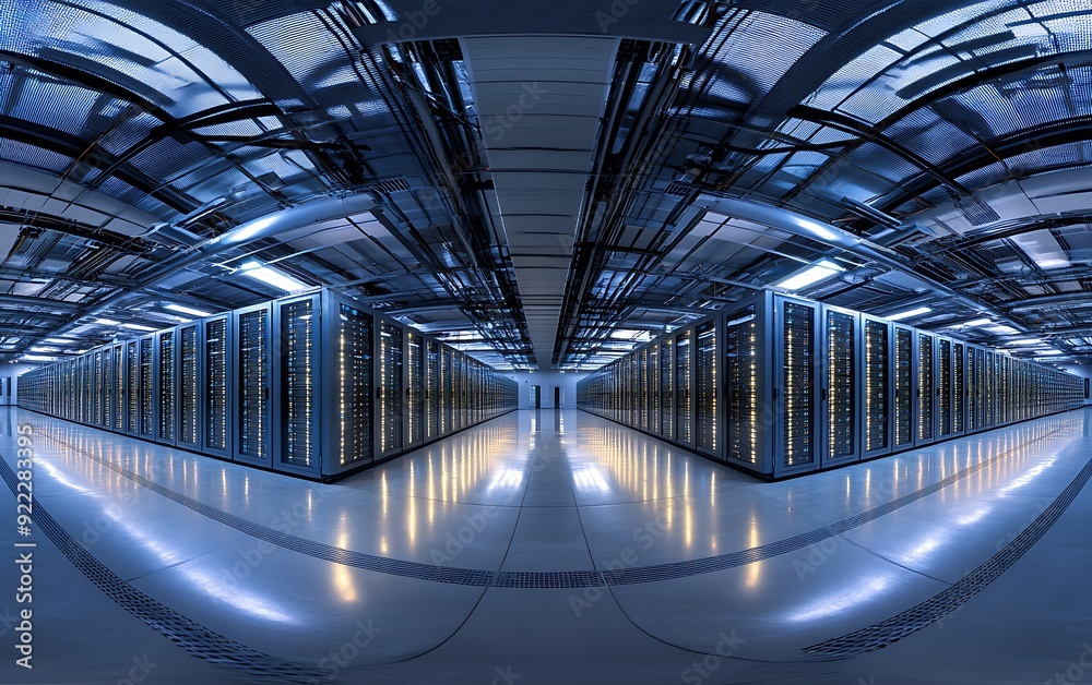 Poster Panoramic View of an Expansive Data Center with Rows of Servers and Blinking Lights