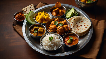 A Complete Indian Meal Served On A Traditional Metal Plate, With Small Bowls Of Curry, Rice, Roti, And Pickles, Food Menu Image