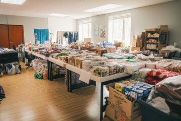 charity drive setup with tables full of donated items such as clothes, food, and toys, being organized by volunteers, set in a bright and welcoming environment