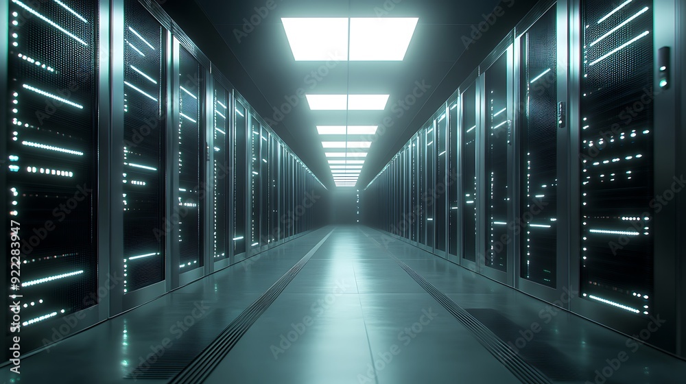 Poster dynamic shot of a data center corridor with blinking lights and rows of servers