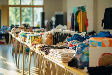 charity drive setup with tables full of donated items such as clothes, food, and toys, being organized by volunteers, set in a bright and welcoming environment