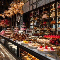 A luxurious bakery display filled with an array of beautifully arranged pastries and desserts, set in an elegant environment with warm lighting.