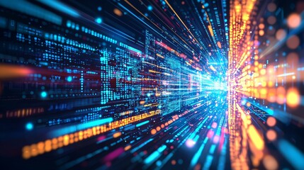 This image is an abstract representation of digital transformation, in which virtual data flows and AI elements converge to create a transformative user experience.