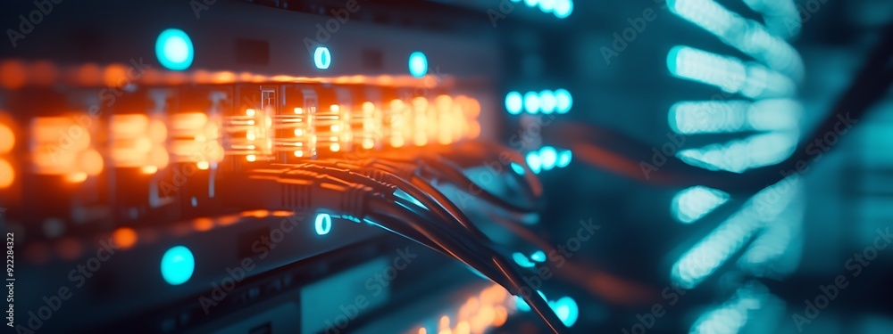 Aufkleber Close-Up of Blinking Lights on a Server in a Modern Data Center