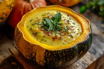 beautifully carved acorn squash soup bowl, with a rich, creamy soup and a garnish of fresh herbs, set on a rustic wooden table with a hint of autumn decor, September celebration. Thanksgiving meal.