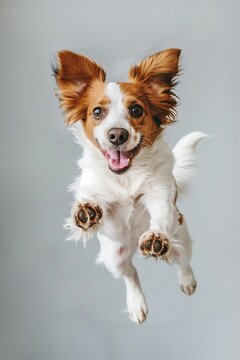 Ein fr&ouml;hlich springender Hund mit lustigem Gesicht, Studiofotografie 