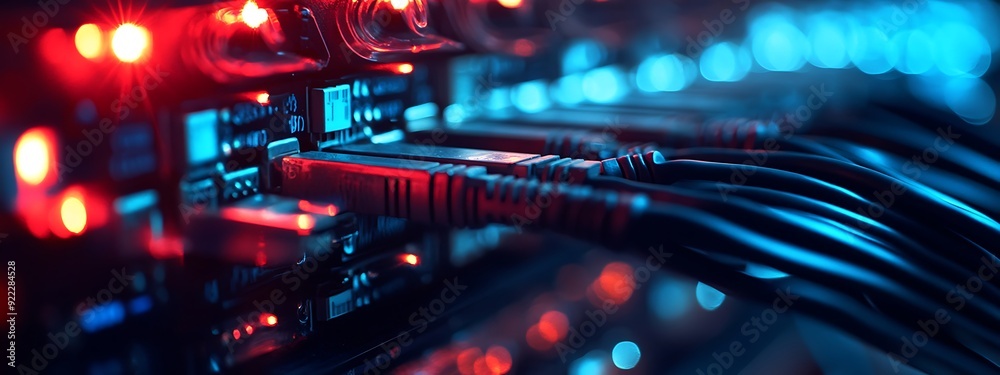 Fototapete Close-Up of Blinking Lights on a Server in a Modern Data Center