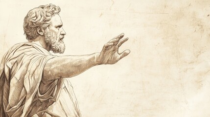 Fototapeta premium Biblical Illustration: David, stopping to greet and bless the people of Jerusalem, extends his hands in a gesture of peace and unity, set against a beige background for Bible wall art.