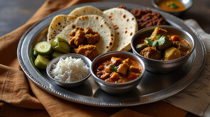 A Complete Indian Meal Served On A Traditional Metal Plate, With Small Bowls Of Curry, Rice, Roti, And Pickles, Food Menu Image