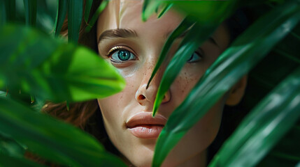 Close-up of a young woman's face surrounded by lush tropical leaves, highlighting natural beauty and serenity