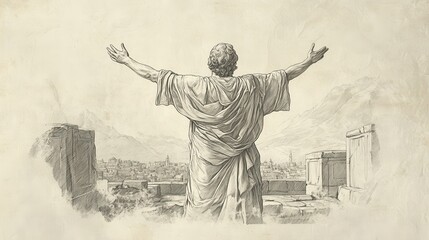 Fototapeta premium Biblical Illustration: David, with arms raised, leads a prayer of dedication as the Ark is set in its place within Jerusalem, set against a beige background for Bible wall art.
