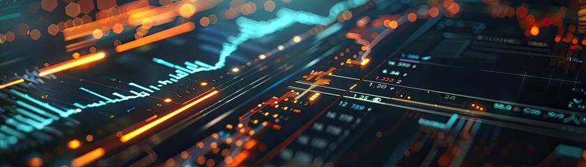 Obraz premium Abstract digital visualization of data trends and analytics, with vibrant colors highlighting technological growth.