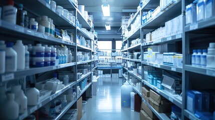 Fototapeta premium A store room with shelves of neatly organized medical supplies and equipment, brightly lit.