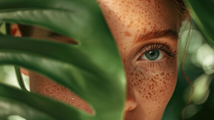 Close-up of a freckled woman with natural makeup, using a green monstera leaf to cover part of her face, looking at the camera