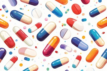 A vibrant and playful flat lay composition of colorful pills and capsules scattered across a pastel background symbolizing the lively energetic accessible nature of modern pharmaceutical treatments