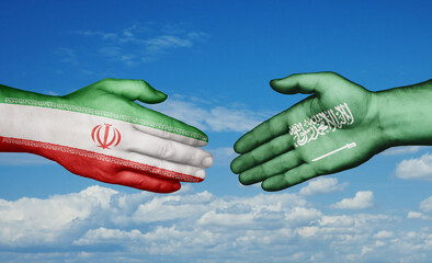 Iran and Saudi Arabia country handshaking with flags, consensus concept international co-operation illustration