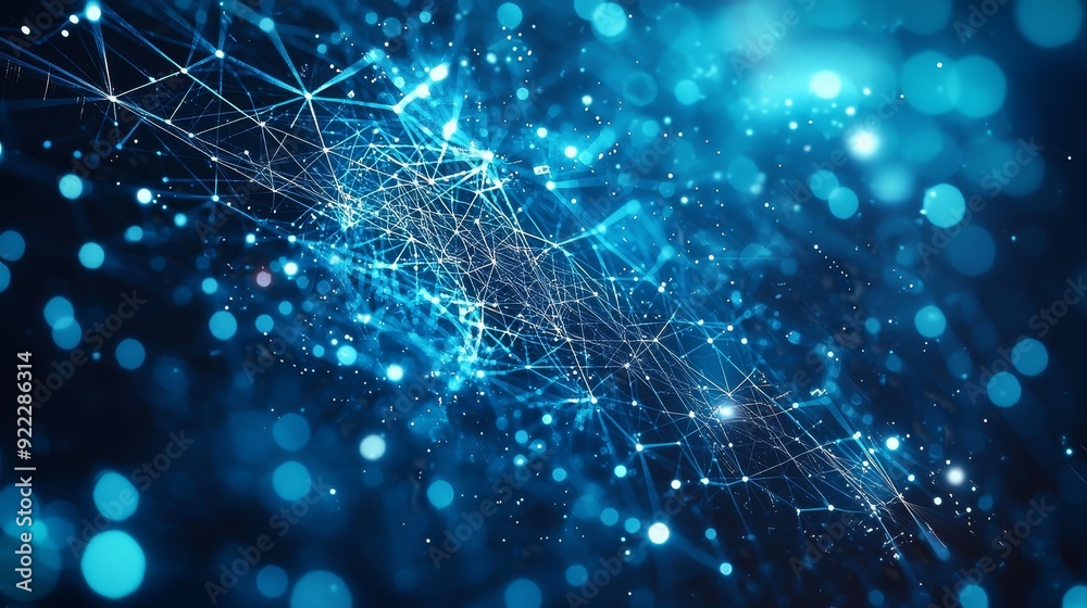 Poster An image of deep blue cyberspace with dynamic lines and dots that depict data transfer and network technology in 3D.