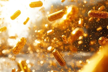 An abstract representation of golden capsules floating in a burst of radiant light symbolizing the dynamic energy and transformative power of modern pharmaceuticals in enhancing health and vitality