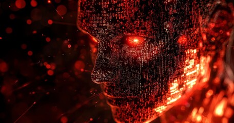 Animated face of a genderless individual on an abstract red glowing background. Evil stock threat posed by an incompetent and malicious computer program.