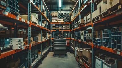 A store room with tall metal racks holding spare parts and machinery components, well-lit and orderly.