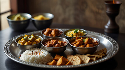 A Complete Indian Meal Served On A Traditional Metal Plate, With Small Bowls Of Curry, Rice, Roti, And Pickles, Food Menu Image