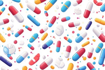 A seamless pattern of various pills capsules and tablets in bright colors creating a vibrant and playful design that emphasizes the diversity and accessibility of modern healthcare solutions