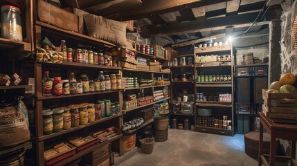 Fototapeta premium A store room with wooden shelves holding a variety of food items and canned goods, with a cold storage section.