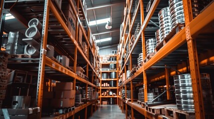 A store room with tall metal racks holding spare parts and machinery components, well-lit and orderly.