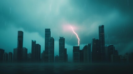 A dramatic storm scene showcasing lightning striking over a city skyline, creating a powerful visual of nature's fury.