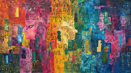 Fototapeta premium an expressionism art painting of, ancient Egyptian hieroglyphs, gold pated, silver coated