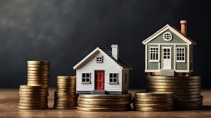 Model house on stack of coins in studio environment. Depicting housing market, prices, crisis and investments.