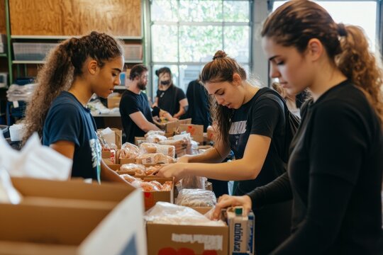 charity drive - diverse group of volunteers working together in a community center, sorting and packing donations for those in need, with a focus on collaboration and generosity