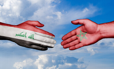 Morocco and Iraq country handshaking with flags, consensus concept international co-operation illustration