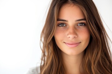 Naklejka premium Radiant Confidence: A young woman's genuine smile exudes warmth and approachability, her clear skin and natural beauty captivating the lens. 
