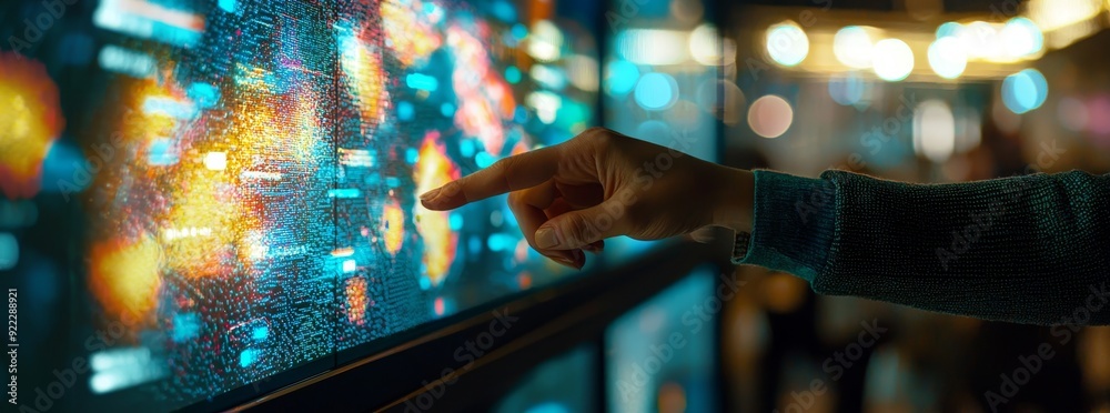 Poster to imagine digital transformation, imagine a bright office with floating icons around and charts on 